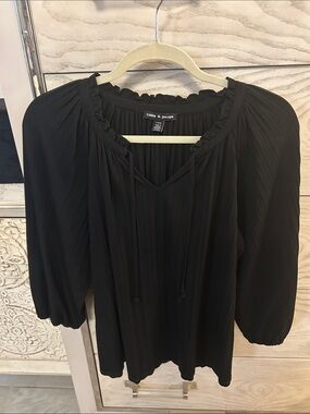 Cable & Gauge Black Pleated Peasant Top with Tie Neck